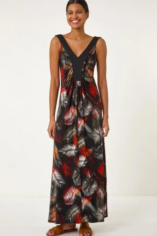 Roman Rust Palm Print Contrast Band Maxi Dress