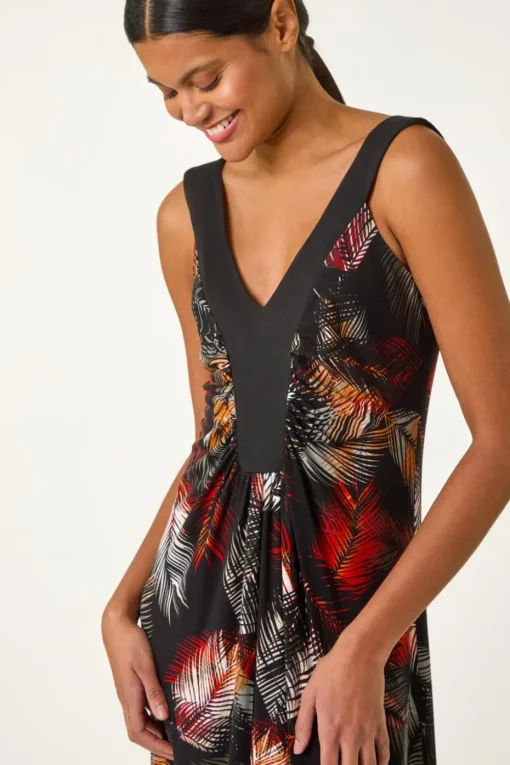 Roman Rust Palm Print Contrast Band Maxi Dress