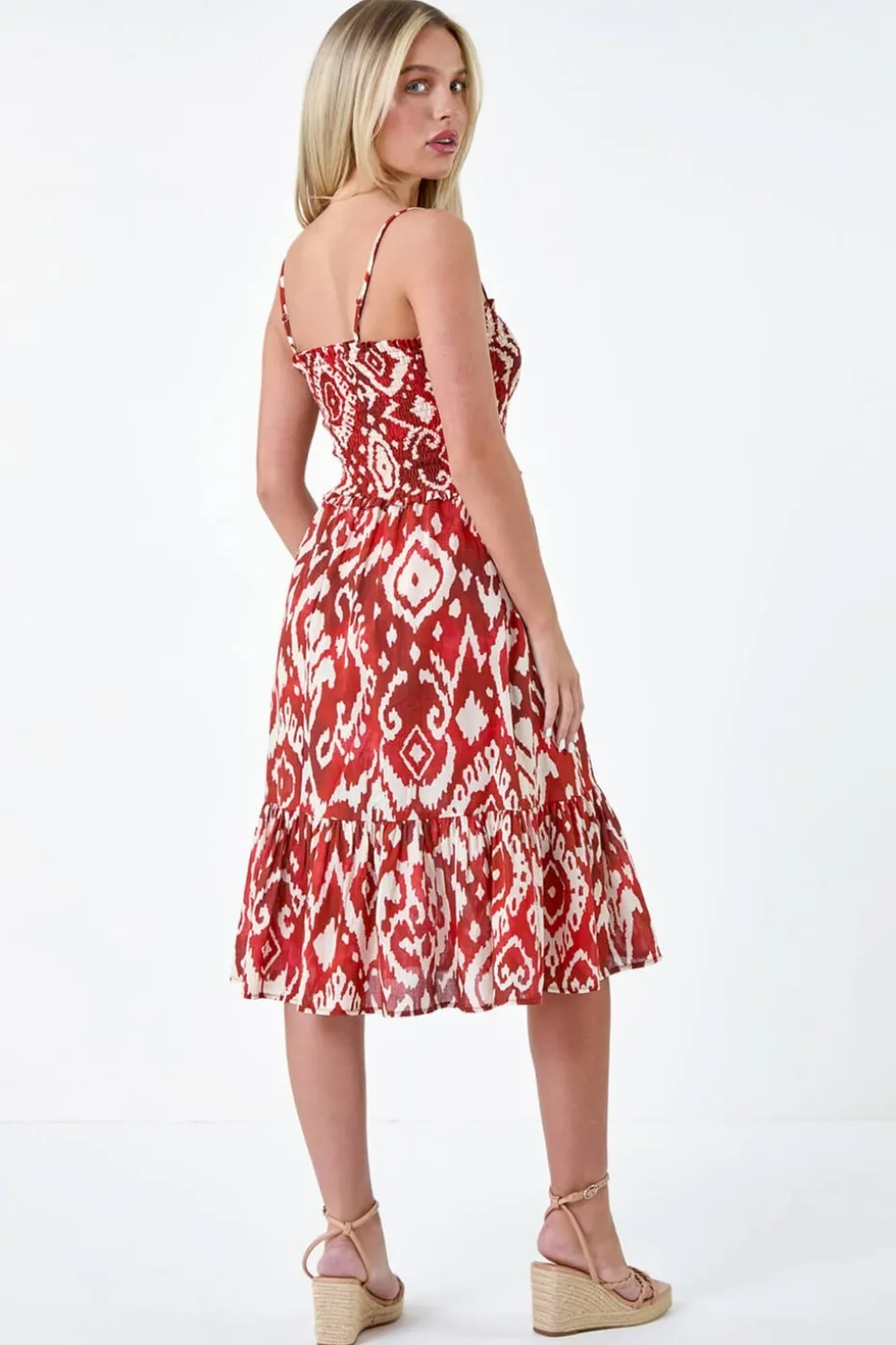 Roman Rust Petite Aztec Strappy Shirred Dress