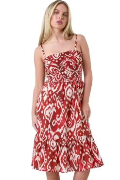 Roman Rust Petite Aztec Strappy Shirred Dress