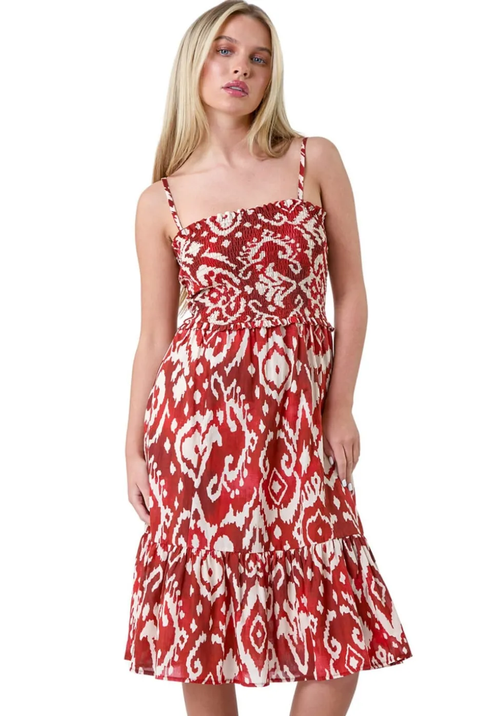 Roman Rust Petite Aztec Strappy Shirred Dress