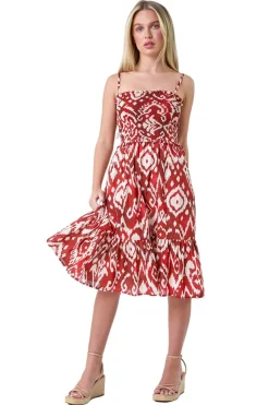 Roman Rust Petite Aztec Strappy Shirred Dress