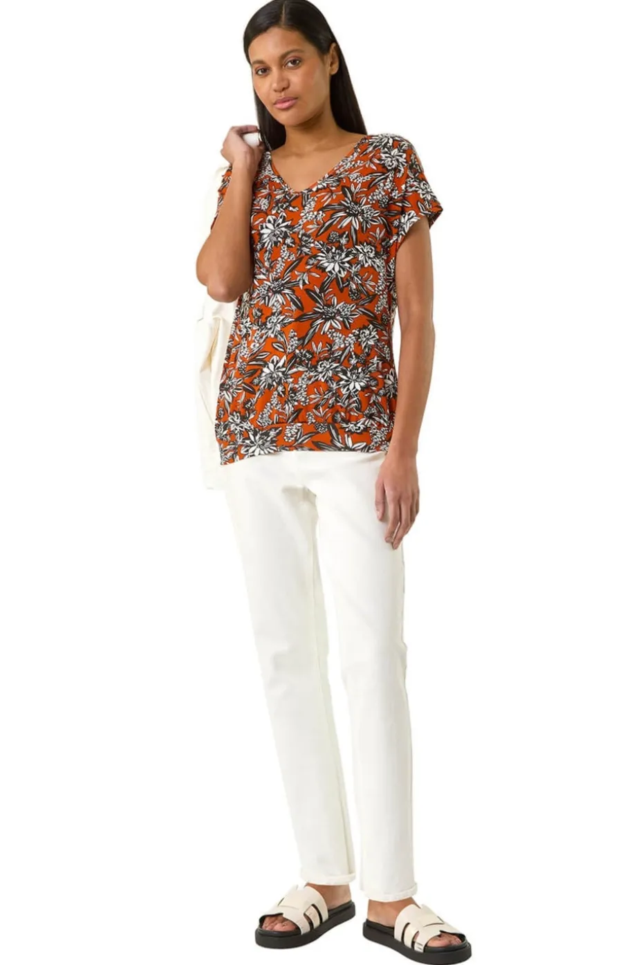 Roman Rust Printed V Neck Banded Hem Top