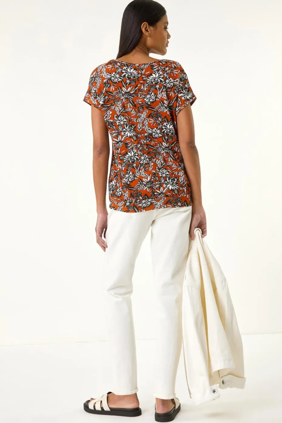 Roman Rust Printed V Neck Banded Hem Top