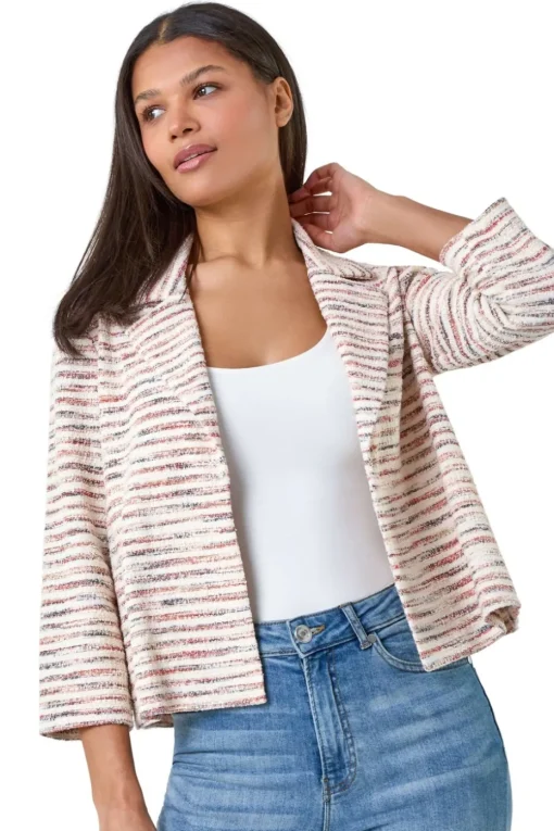 Roman Rust Stripe Textured 3/4 Sleeve Cotton Blend Jacket