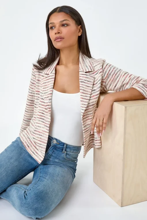 Roman Rust Stripe Textured 3/4 Sleeve Cotton Blend Jacket