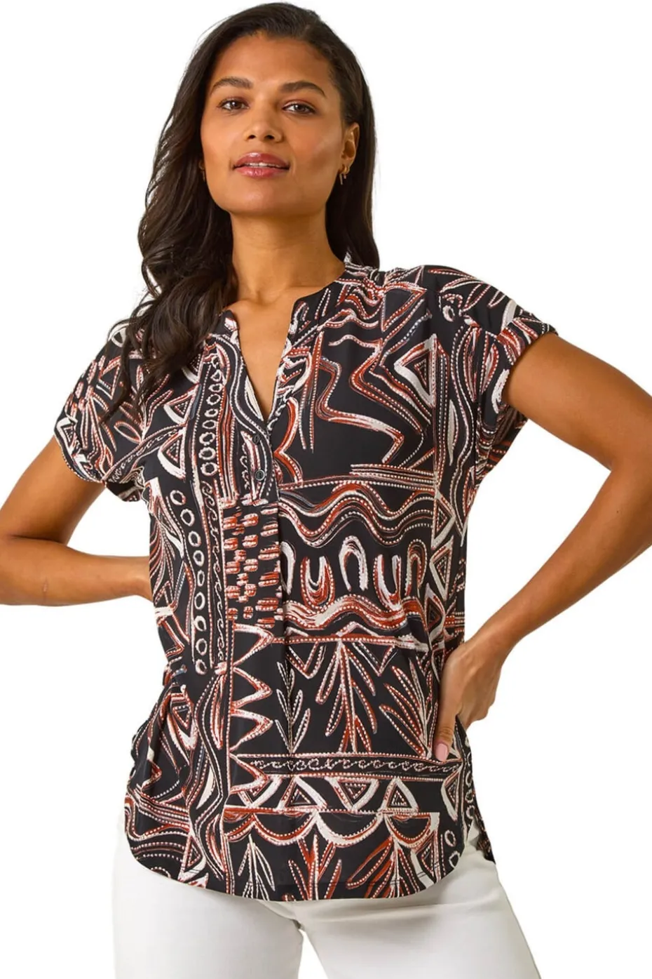 Roman Rust Textured Ikat Print Stretch Top