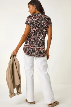 Roman Rust Textured Ikat Print Stretch Top