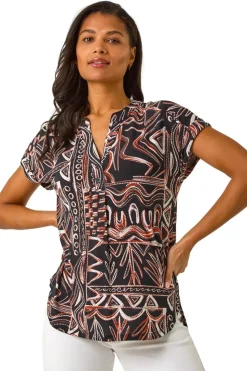 Roman Rust Textured Ikat Print Stretch Top
