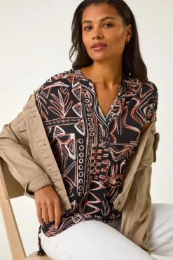 Roman Rust Textured Ikat Print Stretch Top