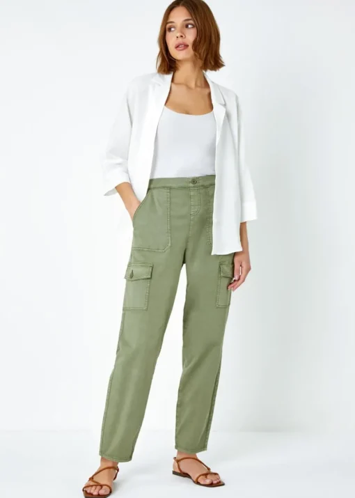 Roman Sage Casual Elastic Waist Cargo Stretch Trousers