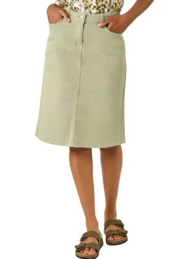 Roman Sage Cotton Denim Stretch A line Skirt