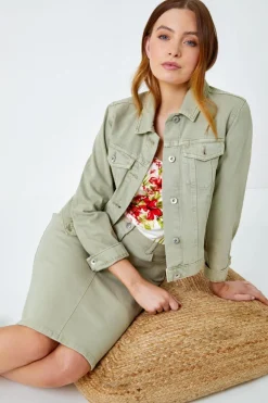 Roman Sage Cotton Denim Stretch A line Skirt