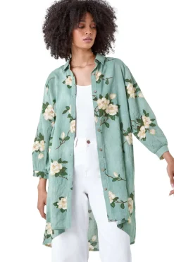 Roman Sage Floral Cotton Blend Longline Tunic Shirt