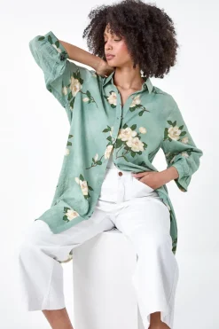 Roman Sage Floral Cotton Blend Longline Tunic Shirt