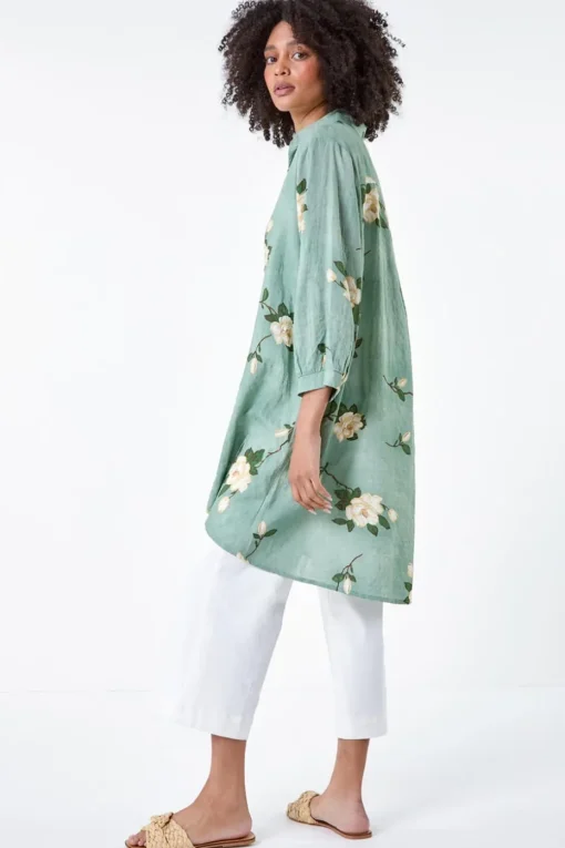 Roman Sage Floral Cotton Blend Longline Tunic Shirt