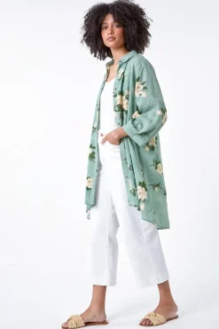 Roman Sage Floral Cotton Blend Longline Tunic Shirt
