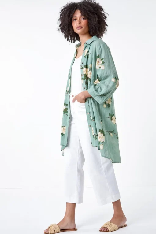 Roman Sage Floral Cotton Blend Longline Tunic Shirt