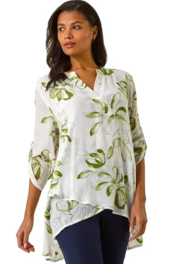 Roman Sage Floral Print Wrapped Hem Top