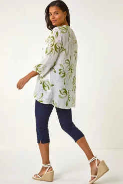 Roman Sage Floral Print Wrapped Hem Top