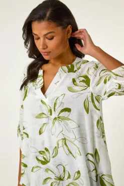 Roman Sage Floral Print Wrapped Hem Top
