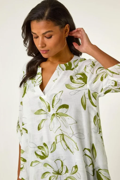 Roman Sage Floral Print Wrapped Hem Top