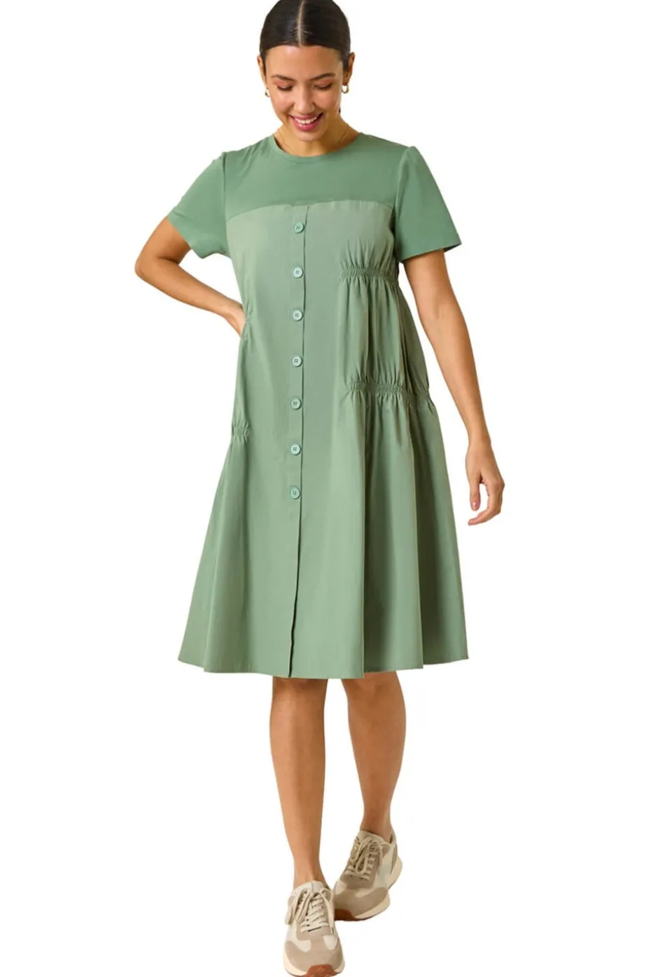 Roman Sage Gathered Cotton Stretch Smock Dress