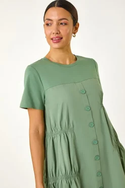 Roman Sage Gathered Cotton Stretch Smock Dress