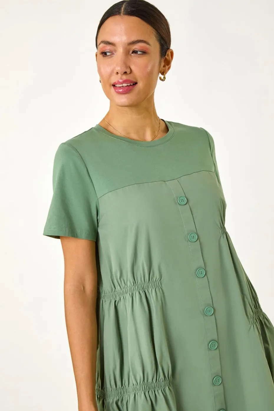 Roman Sage Gathered Cotton Stretch Smock Dress