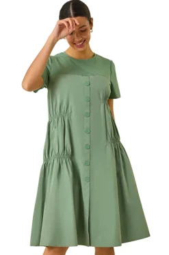 Roman Sage Gathered Cotton Stretch Smock Dress
