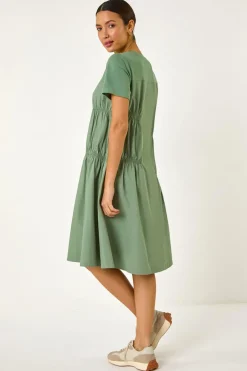 Roman Sage Gathered Cotton Stretch Smock Dress