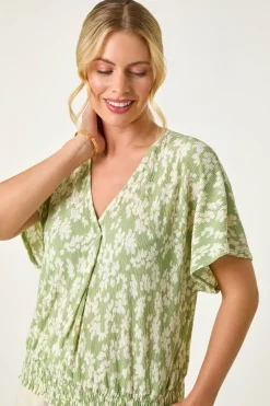 Roman Sage Petite Floral Print Crinkle Blouson Top