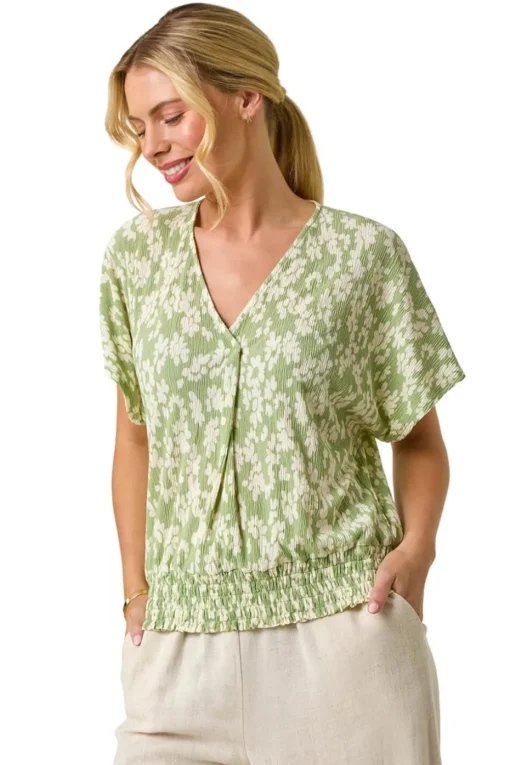 Roman Sage Petite Floral Print Crinkle Blouson Top