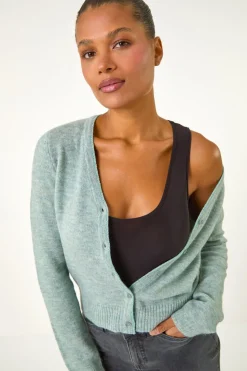 Roman Sage Shimmer V-Neck Ribbed Cardigan