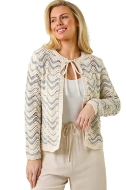 Roman Silver Petite Metallic Wave Knit Cardigan