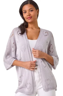 Roman Silver Pointelle Heart Knit Cardigan