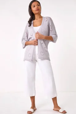 Roman Silver Pointelle Heart Knit Cardigan