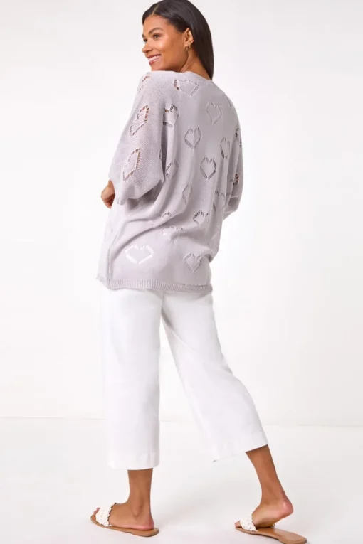 Roman Silver Pointelle Heart Knit Cardigan