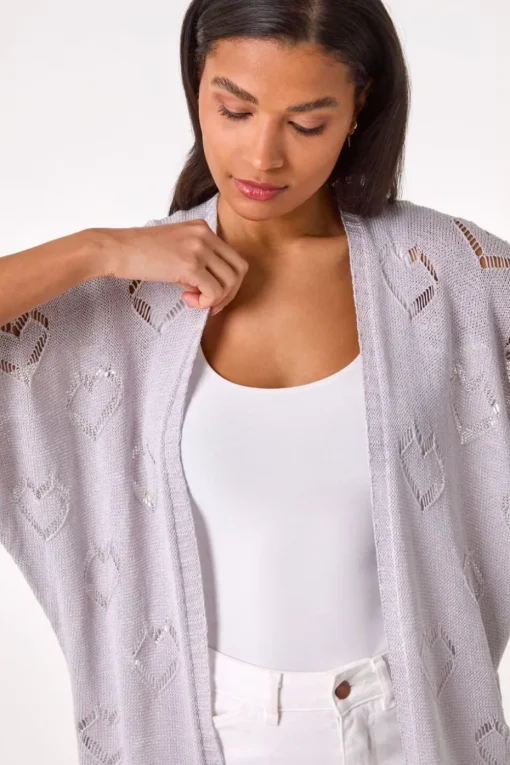 Roman Silver Pointelle Heart Knit Cardigan