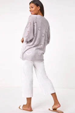 Roman Silver Pointelle Heart Knit Cardigan