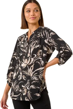 Roman Stone Abstract Print Shoulder Pleat Shirt