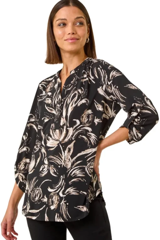 Roman Stone Abstract Print Shoulder Pleat Shirt