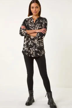 Roman Stone Abstract Print Shoulder Pleat Shirt