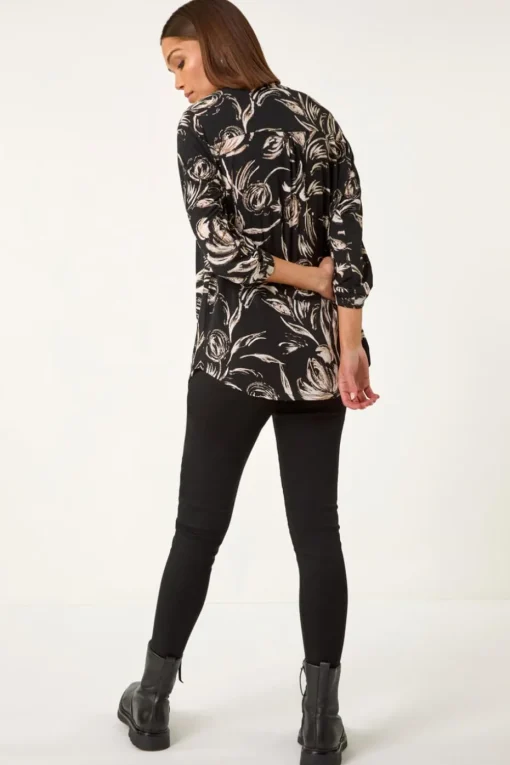 Roman Stone Abstract Print Shoulder Pleat Shirt
