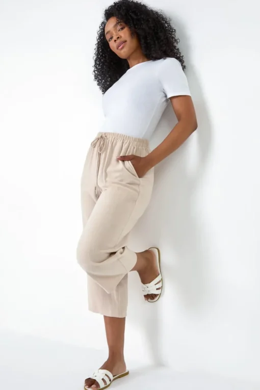 Roman Stone Petite Linen Mix Wide Cropped Trousers