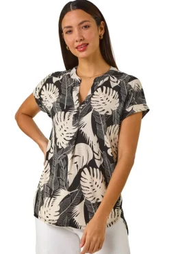Roman Stone Textured Leaf Print V-Neck Stretch Top
