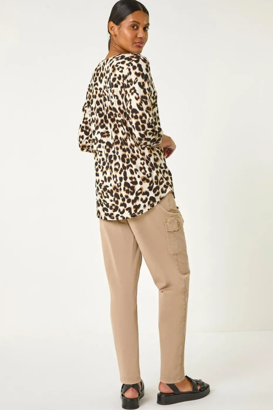 Roman Tan Animal Print Shoulder Pleat Shirt
