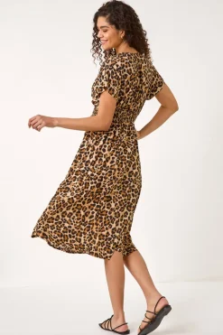 Roman Tan Animal Print Shirred Midi Dress