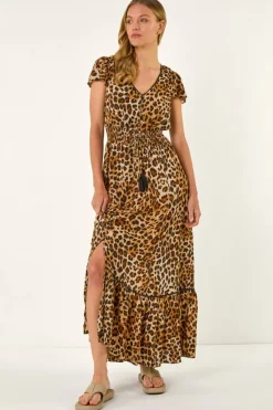 Roman Tan Animal Print Shirred Maxi Dress