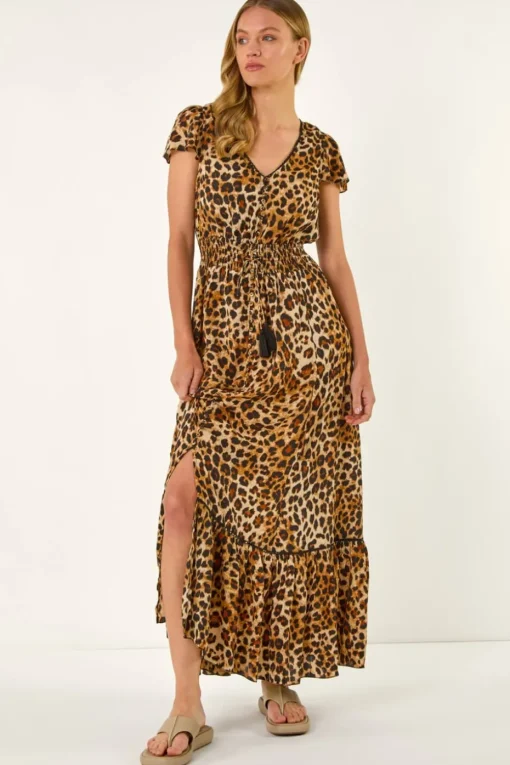 Roman Tan Animal Print Shirred Maxi Dress